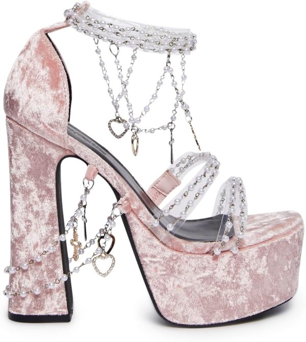 Holy Revelation Platform Heels by Sugar Thrillz, Velvet Heels with Pearl Beads & Adjustable Straps