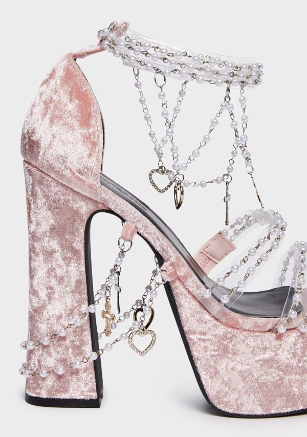 Holy Revelation Platform Heels by Sugar Thrillz, Velvet Heels with Pearl Beads & Adjustable Straps - Image 2