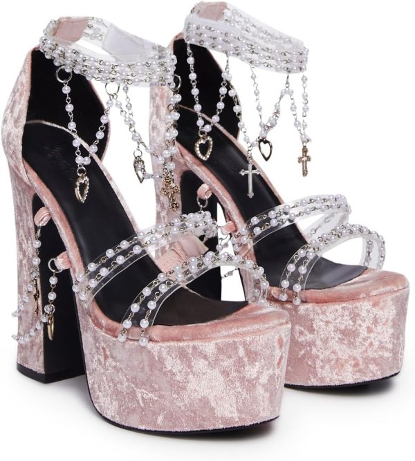 Holy Revelation Platform Heels by Sugar Thrillz, Velvet Heels with Pearl Beads & Adjustable Straps - Image 3