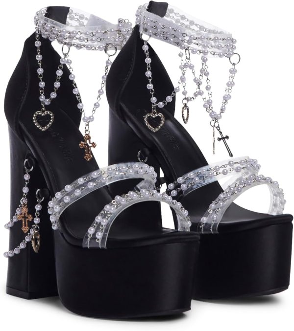 Holy Revelation Platform Heels by Sugar Thrillz, Velvet Heels with Pearl Beads & Adjustable Straps - Image 11